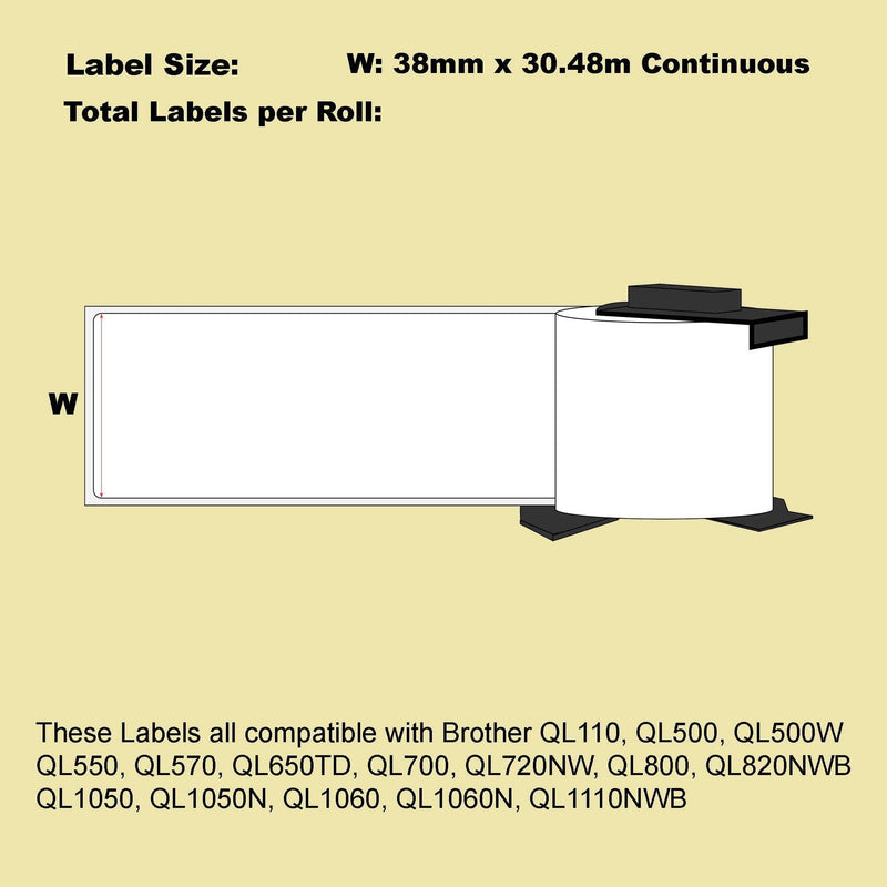 12 Pack Blumax Alternative White labels for Brother DK-22225 38mm x 30.48m Continuous Length