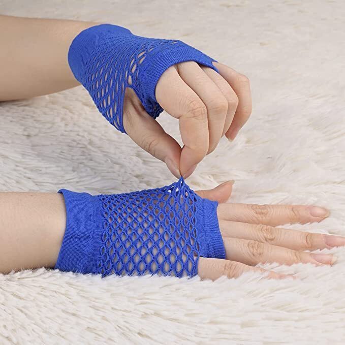 12 Pair Fishnet Gloves Fingerless Wrist Length 70s 80s Costume Party Bulk - Blue Payday Deals