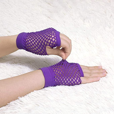12 Pair Fishnet Gloves Fingerless Wrist Length 70s 80s Costume Party - Purple Payday Deals