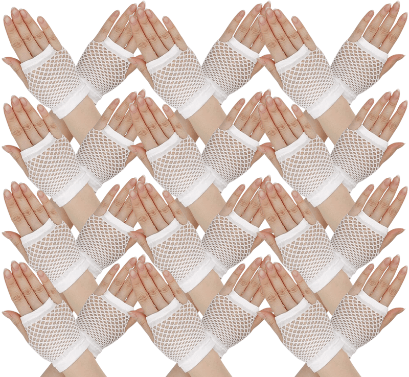 12 Pair Fishnet Gloves Fingerless Wrist Length 70s 80s Costume Party - White Payday Deals