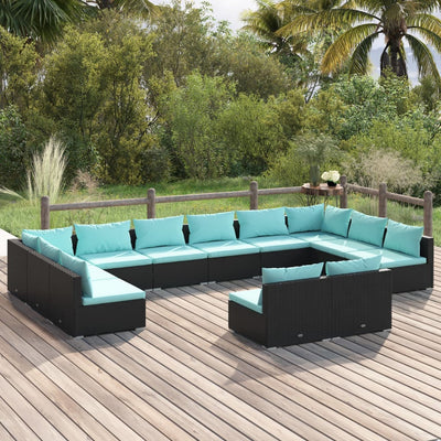 12 Piece Garden Lounge Set with Cushions Black Poly Rattan