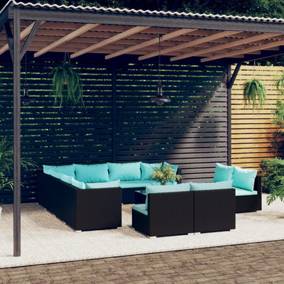 12 Piece Garden Lounge Set with Cushions Black Poly Rattan