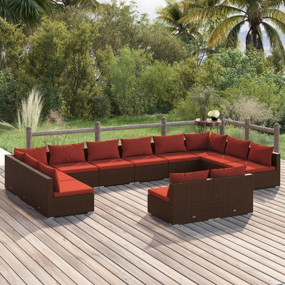 12 Piece Garden Lounge Set with Cushions Brown Poly Rattan