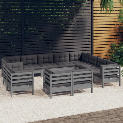 12 Piece Garden Lounge Set with Cushions Grey Solid Pinewood