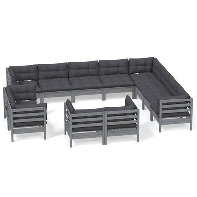 12 Piece Garden Lounge Set with Cushions Grey Solid Pinewood Payday Deals