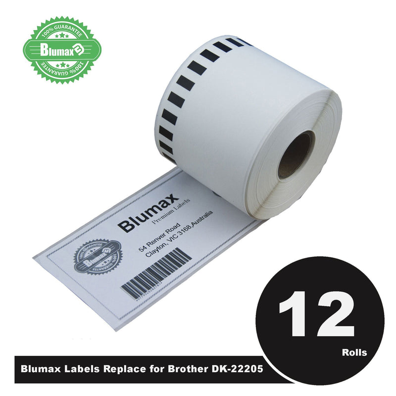 12 Roll Blumax Alternative White Refill labels for Brother DK-22205 62mm x 30.48m Continuous Length Payday Deals