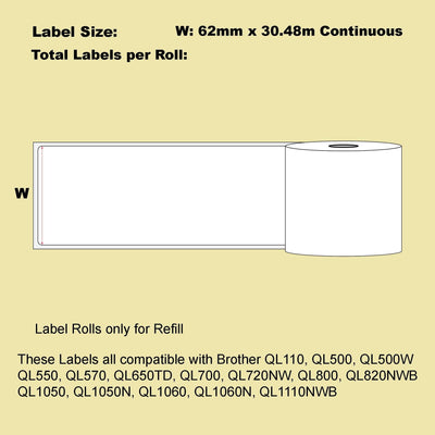 12 Roll Blumax Alternative White Refill labels for Brother DK-22205 62mm x 30.48m Continuous Length Payday Deals