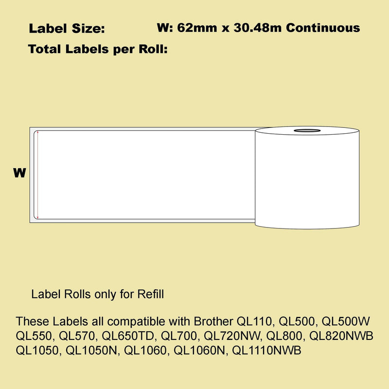 12 Roll Blumax Alternative White Refill labels for Brother DK-22205 62mm x 30.48m Continuous Length Payday Deals