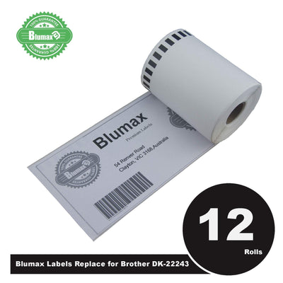 12 Roll Blumax Alternative White Refill labels for Brother DK-22243 102mm x 30.48m Continuous Length