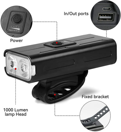 Bike 360° Light Front USB Rechargeable 1000 Lumen IPX4 Waterproof and Built in 2500mAh Powerbank Led Bicycle Lighting