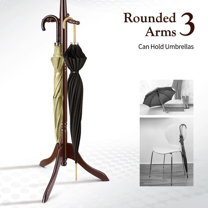 CARLA HOME Brown Coat Rack with Stand Wooden Hat and 9 Hooks Hanger Walnut tree