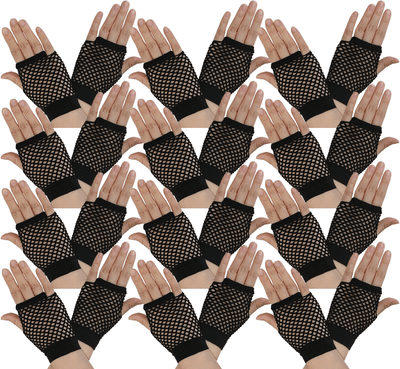 12 Pair Fishnet Gloves Fingerless Wrist Length 70s 80s Costume Party - Black