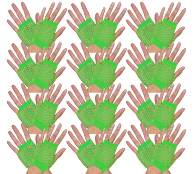 12 Pair Fishnet Gloves Fingerless Wrist Length 70s 80s Costume Party Fluro Green