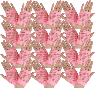 12 Pair Fishnet Gloves Fingerless Wrist Length 70s 80s Costume Party -Light Pink