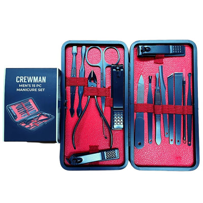 Crewman 15 Piece Mens Manicure Nail Clippers Care Set Black & Red Case