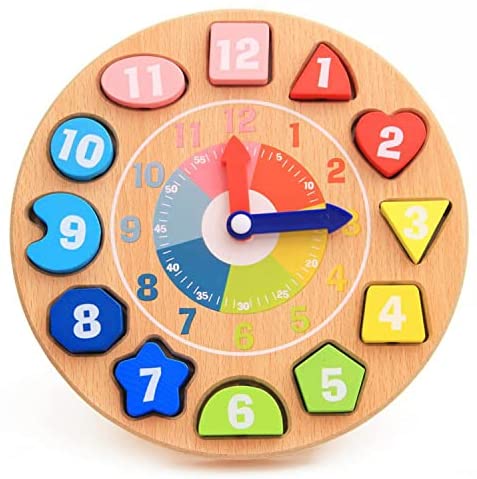 Wooden Shape Color Sorting Clock for Teaching Time Number for Kids (Montessori Early Learning Educational)