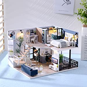 Dollhouse Miniature with Furniture Kit Plus Dust Proof and Music Movement - Cozy time  (Valentine&
