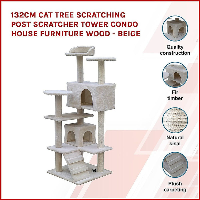 132cm Cat Tree Scratching Post Scratcher Tower Condo House Furniture Wood - Beige Payday Deals