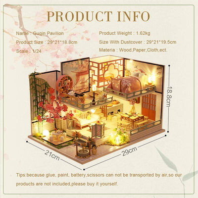 Dollhouse Miniature with Furniture Kit Plus Dust Proof and Music Movement - Guqin Pavilion (1:24 Scale Creative Room Idea)