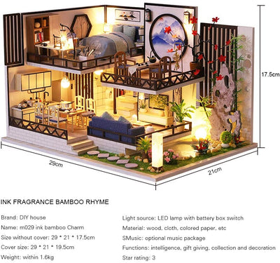 Dollhouse Miniature with Furniture Kit Plus Dust Proof and Music Movement - Bamboo Fragance (1:24 Scale Creative Room Idea)