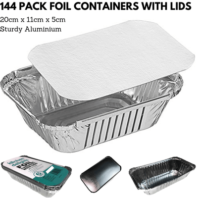 144x ALUMINIUM FOIL CONTAINERS WITH LIDS Large Tray BBQ Takeaway Roasting 20cm*11cm*5cm Payday Deals