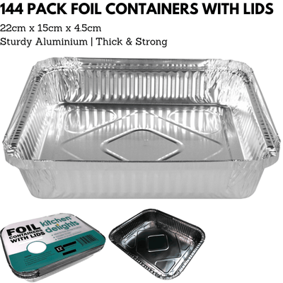 144x ALUMINIUM FOIL CONTAINERS WITH LIDS Large Tray BBQ Takeaway Roasting 22cm*15cm*4.5cm Payday Deals