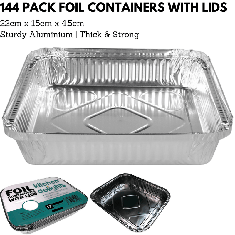 144x ALUMINIUM FOIL CONTAINERS WITH LIDS Large Tray BBQ Takeaway Roasting 22cm*15cm*4.5cm Payday Deals