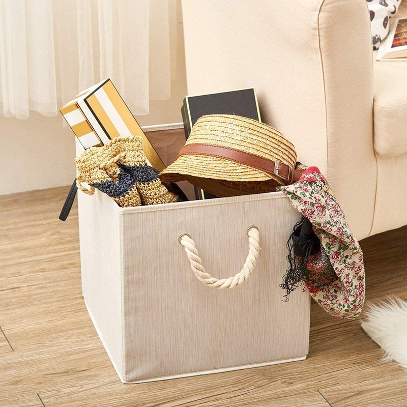 Pack of 2  Foldable Bamboo Fabric Storage Bin with Cotton Rope Handle and Collapsible Resistant Basket Box Organizer for Shelves – Beige (33 x 33 x 33 cm)