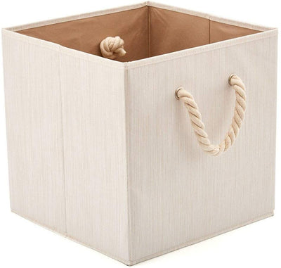 Pack of 2  Foldable Bamboo Fabric Storage Bin with Cotton Rope Handle and Collapsible Resistant Basket Box Organizer for Shelves – Beige (33 x 33 x 33 cm)