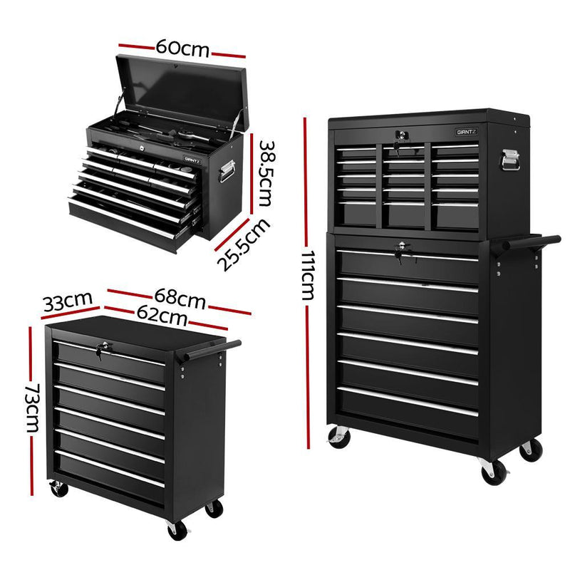 Giantz 15 Drawers Tool Box Chest Trolley Cabinet Garage Storage Boxes Organizer Black Payday Deals