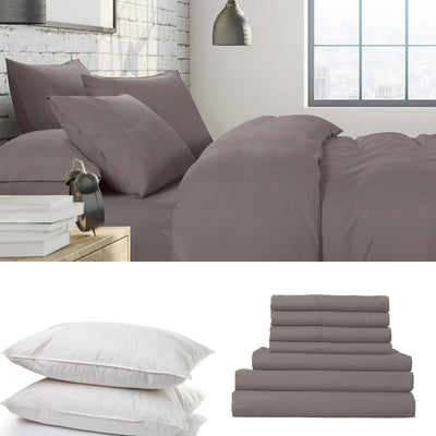 1500 Thread Count 6 Piece Combo And 2 Pack Duck Feather Down Pillows Bedding Set Dusk Grey Queen Payday Deals