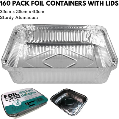 160x ALUMINIUM FOIL CONTAINERS WITH LIDS Large Tray BBQ Roasting Dish Takeaway 32cm*26cm*6.3cm Payday Deals