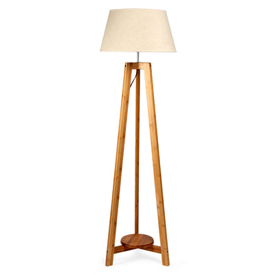165cm Large Bamboo Wooden Tripod Floor Lamp w Beige Linen Light Shade