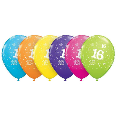 16th Birthday Confetti Print Tropical Latex Balloons 6 Pack (6 Colours)