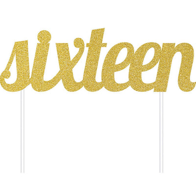 16th Sixteen Party Supplies Gold Sixteen Glitter Cake Topper Decoration