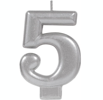 Number 5 Silver Metallic Birthday Candle