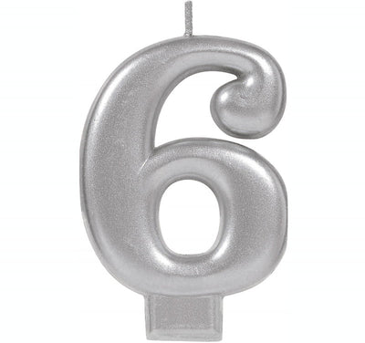 Number 6 Silver Metallic Birthday Candle