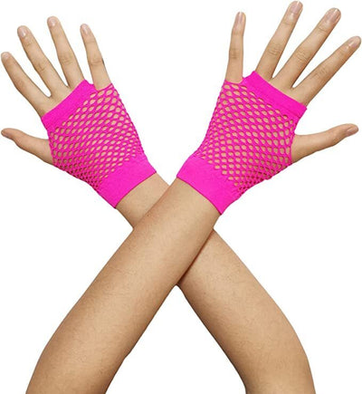 1 Pair Fishnet Gloves Fingerless Wrist Length 70s 80s Costume Party - Hot Pink