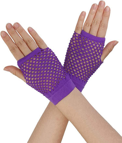 1 Pair Fishnet Gloves Fingerless Wrist Length 70s 80s Costume Party - Purple