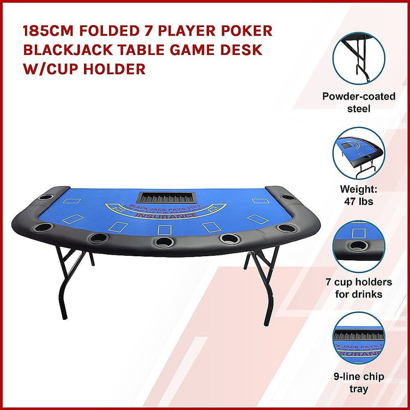 185cm Folded 7 Player Poker Blackjack Table Game Desk W/Cup Holder Payday Deals