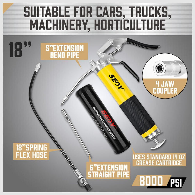 18inch Grease Gun 8000PSI Pistol Grip Flex Hose Heavy Duty Barrel With Cartridge Payday Deals