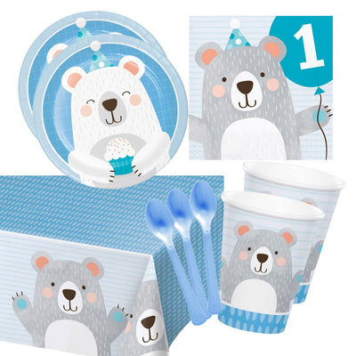 1st Birthday Blue Bear 16 Guest Deluxe Tableware Pack Payday Deals