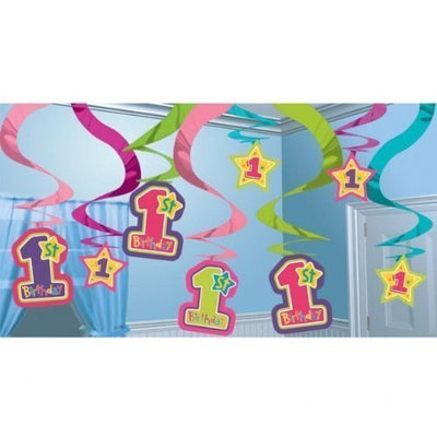 1st Birthday Girls Hanging Swirls 15 pack