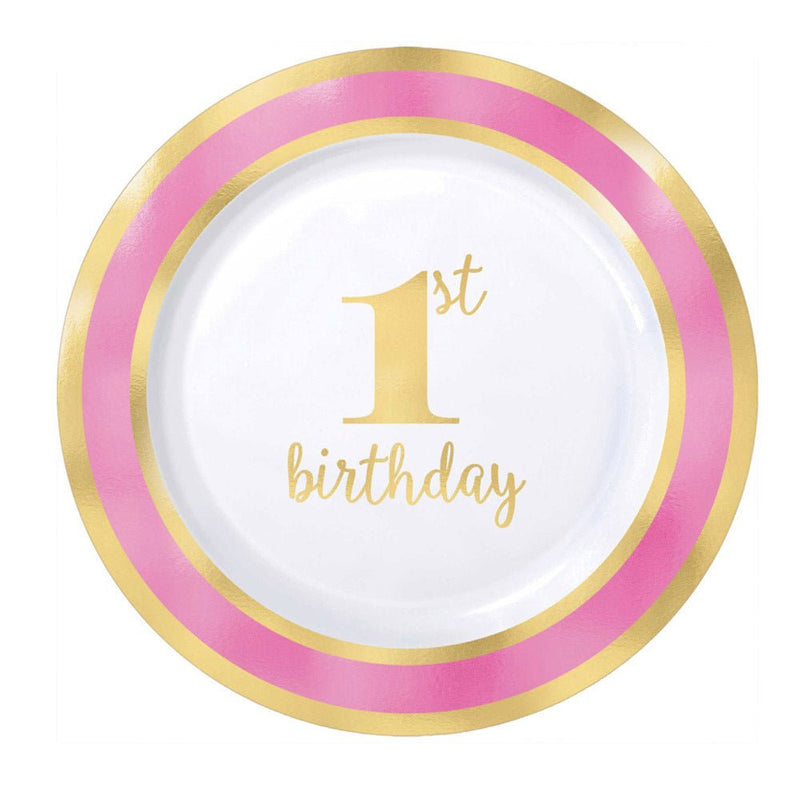 1st Birthday Pink Plastic Plates Hot Stamped 10 Pack Payday Deals