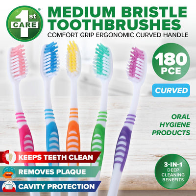 1st Care 180PCE Toothbrushes Medium Bristles Assorted Colours Payday Deals