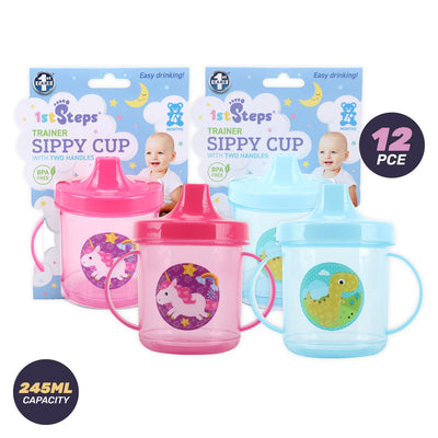 1st Steps 12PCE 245ml Sippy Cups Double Handles Dinosaur & Unicorn Designs Payday Deals