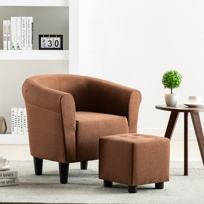 2 Piece Armchair and Stool Set Brown Fabric