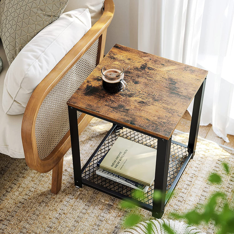 2-Tier Side Table with Storage Shelf with Metal Frame Rustic Brown Payday Deals