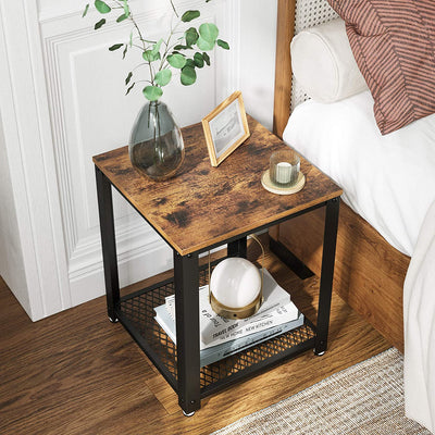 2-Tier Side Table with Storage Shelf with Metal Frame Rustic Brown Payday Deals