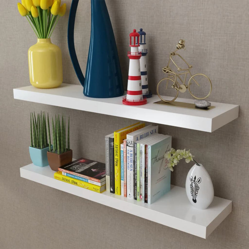 2 White MDF Floating Wall Display Shelves Book/DVD Storage Payday Deals